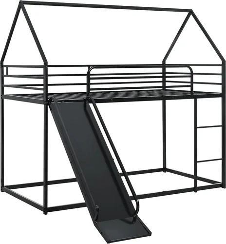 Miniatura 4 de Litera de cama individual sobre individual con tobogán, marco de cama en forma de casa con escalera, estructura de cama baja de servicio pesado