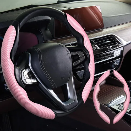 Miniatura 23 de WOCOCN 2 fundas para volante de automóvil, protector antideslizante de fibra de carbono para hombres y mujeres, múltiples opciones de color, Beige