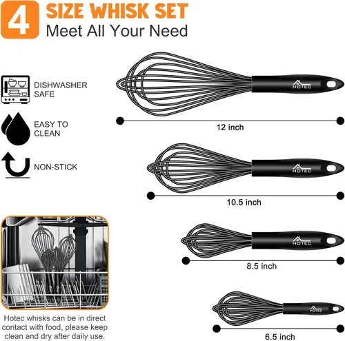 Miniatura 3 de HOTEC Juego de 4 batidores de silicona, batidores de alambre para cocinar huevos, batidor de mango antideslizante para utensilios de cocina