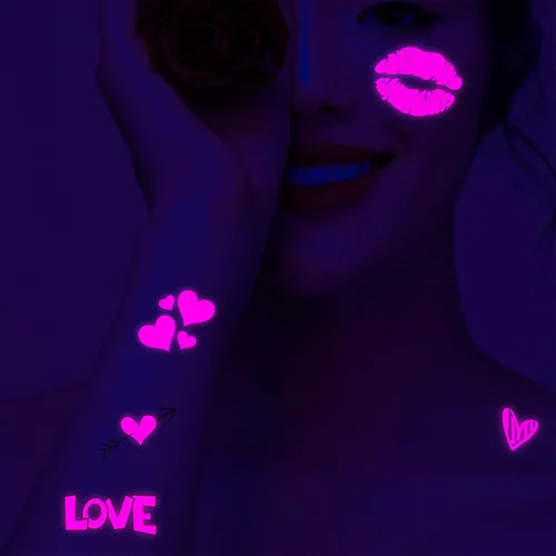 Miniatura 7 de Tatuajes temporales de neón UV, 170 piezas con forma de corazón rosa, diseños brillantes que brillan en la oscuridad, tatuajes falsos impermeables