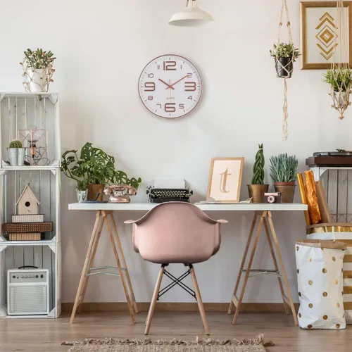 Miniatura 6 de Bernhard Products - Reloj de pared en oro rosa de 12 pulgadas, silencioso y sin tictac, de cuarzo de calidad, funciona con pilas, diseño moderno
