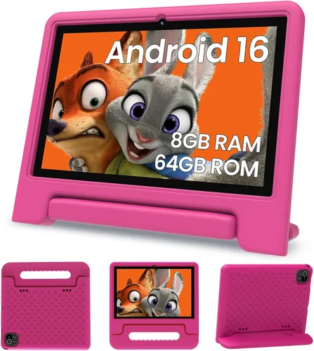 ApoloSignage 2025 Android 15 Tablet para niños, pantalla HD de 10 pulgadas, procesador Octa-Core, 8 GB RAM, 64 GB ROM (expandible a 1 TB), con Rosa