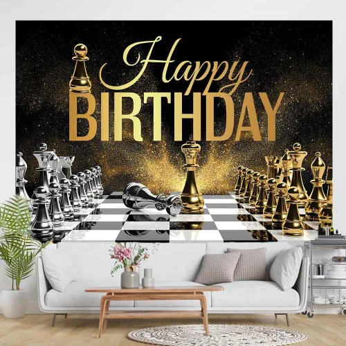 Miniatura 3 de Telón de fondo de fiesta de cumpleaños con temática de ajedrez dorado y plateado, concurso de fotografía de fondo para niños, decoración