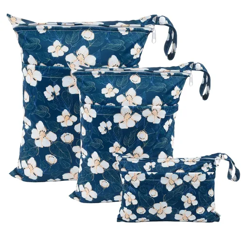 Miniatura 34 de babygoal Bolsas para artículos húmedos y secos, paquete de 3, bolsas de viaje reutilizables impermeables para trajes de baño, pañales de tela