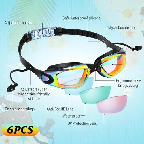 Miniatura 2 de Flutesan Paquete de 6 gafas de natación para adultos, antiniebla, con tapones para los oídos, clip para la nariz, sin fugas, protección completa