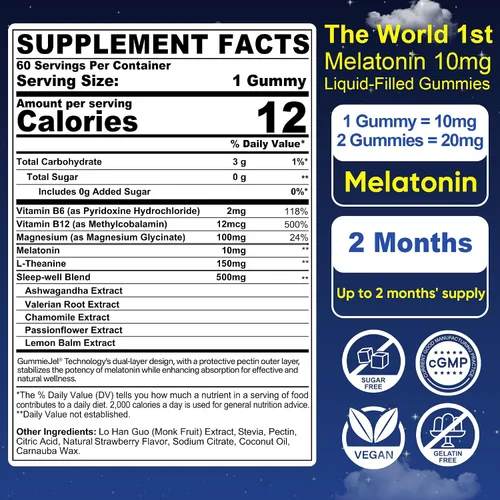 Miniatura 3 de Nextdia Gomitas de melatonina sin azúcar, 10 mg 20 mg de glicinato de magnesio y melatonina para adultos, Ashwagandha, L-teanina, B6, B12, bálsamo
