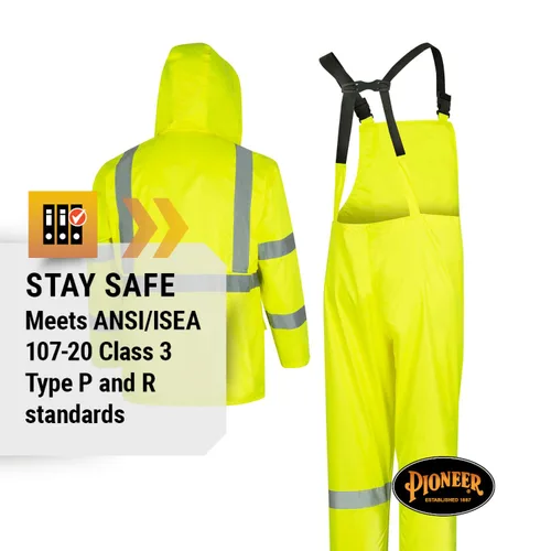 Miniatura 7 de Pioneer Equipo de lluvia de alta visibilidad Chaqueta de seguridad y pantalones con peto – Alta visibilidad, impermeable, traje de trabajo de PVC