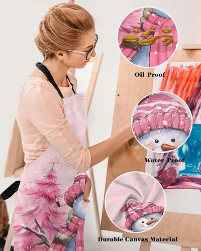 Miniatura 4 de Pink Snowman Christmas Bib Aprons with Pockets Waterproof, Adjustable Apron for Men Women Xmas Tree Winter Snowflake Pink