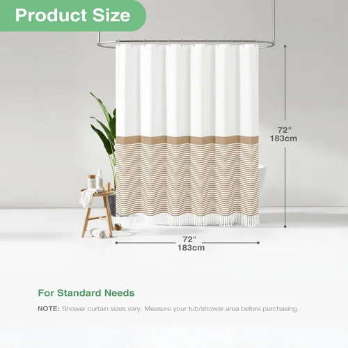 Miniatura 2 de Cortina de ducha Dynamene de tela color beige, cortina de ducha rústica/bohemia a rayas con borlas para baño, juego de cortinas de tela texturizada