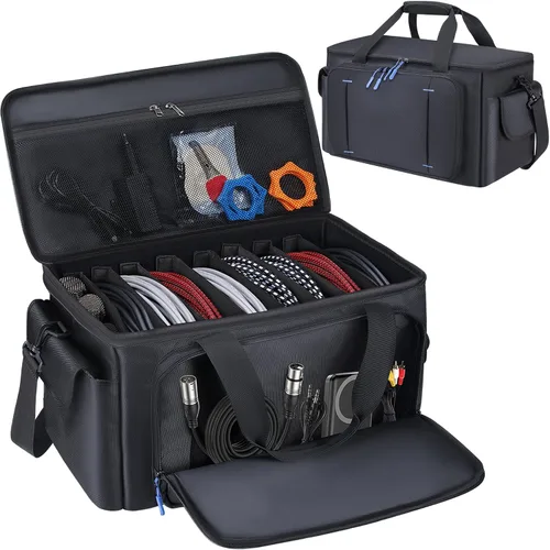 Bolsa grande para archivos de cable de DJ con 8 divisores desmontables, bolsa de DJ acolchada con múltiples compartimentos y bolsillos para equipos