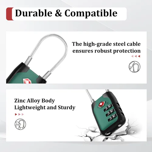 Miniatura 6 de Joyway Candado de equipaje aprobado por la TSA, candado de cable de combinación de 3 dígitos con cuerpo de aleación, cerraduras de combinación