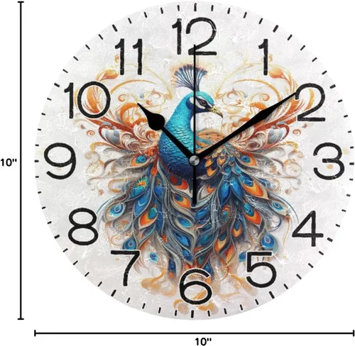 Miniatura 8 de Reloj de pared de pavo real con hermosas plumas, funciona con pilas, silencioso, de cuarzo, analógico, rústico, rústico, reloj redondo, decoración