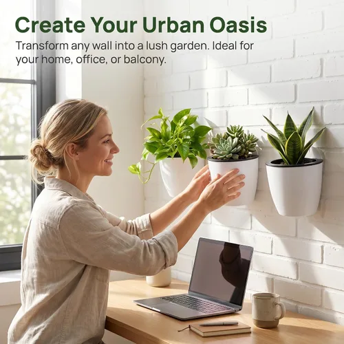 Miniatura 7 de Jucoan Paquete de 9 macetas colgantes de pared de riego automático para plantas de interior, maceta perezosa de plástico blanco de 5 pulgadas con 9