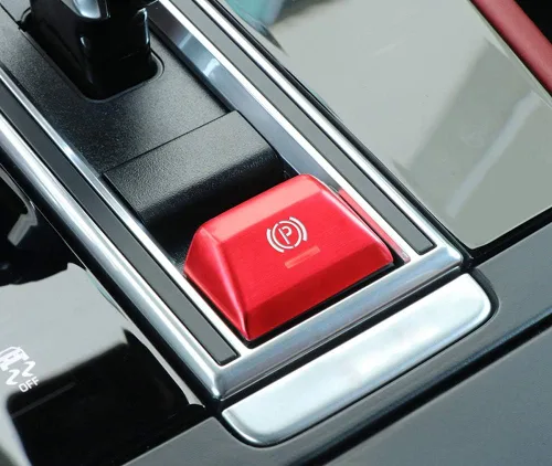 Miniatura 3 de iJDMTOY Cubierta decorativa de botón de liberación de freno de mano de aluminio rojo deportivo compatible con Porsche 2017 en adelante Panamera