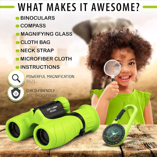 Miniatura 3 de Binoculares para niños – Juguete perfecto para niños pequeños y niñas – Juego extenso que incluye lupa y brújula – Potente aumento 8 x 21 – niños