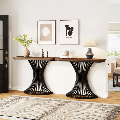 Miniatura 9 de Tribesigns Mesa de consola, mesa de entrada industrial con base geométrica de metal, mesa decorativa de sofá pequeño de 39 pulgadas para entrada