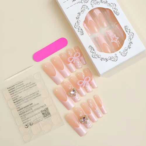 Miniatura 4 de Uñas postizas francesas a presión con forma de ataúd rosa estrella, diamantes de imitación, diseño brillante, cobertura completa, uñas acrílicas, 24