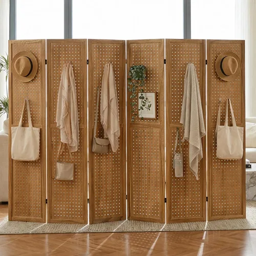 Miniatura 11 de Divisor de habitación de tablero de clavijas de 4 paneles, pantalla de privacidad plegable de 5.6 pies, organizador de madera independiente