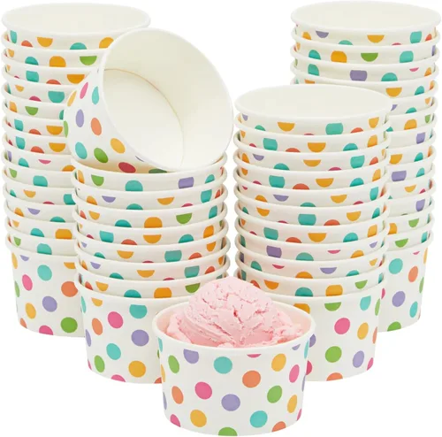 BLUE PANDA Vasos de papel para helado, 50 unidades, diseño de lunares arcoíris, desechables para helados y aperitivos, cuencos de helado, tazas de