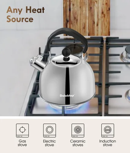 Miniatura 5 de Tetera para estufa - Tetera de acero inoxidable, hervidor de 2 litros para acampar, calefacción eficiente, silbato audible, mango seguro - hervidor