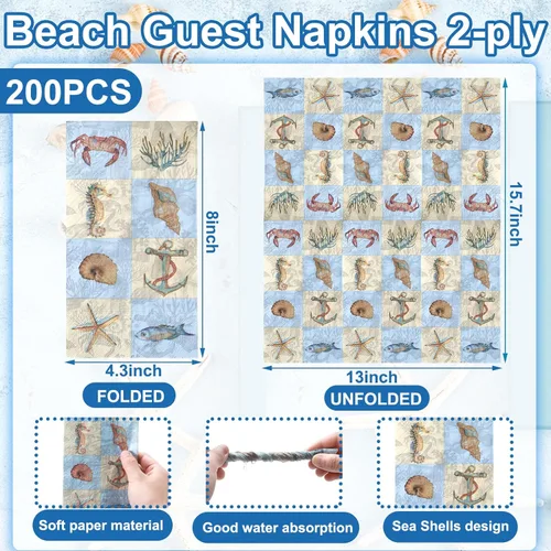 Miniatura 3 de Seajan 200 servilletas náuticas de papel de mar costero, conchas azules, toallas desechables para invitados para baño, decoración de estrellas