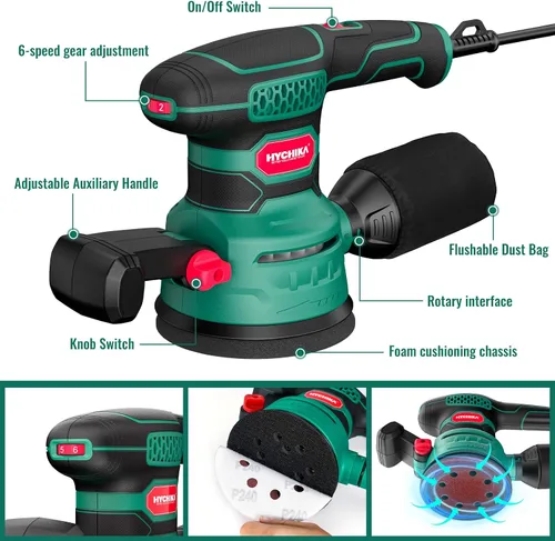 Miniatura 6 de Lijadora Orbital 3.8Amp 450W, HYCHIKA 6 Velocidades Variables Doble Mango Lijadora de Palma Orbital Aleatoria Eléctrica, Lijadora Eléctrica de 5