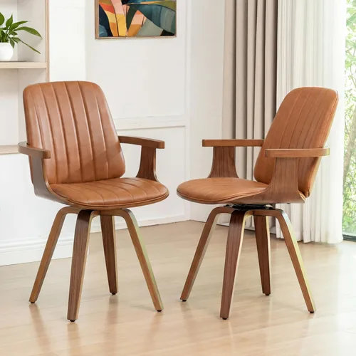 Miniatura 11 de Juego de 2 sillas de comedor giratorias, modernas de mediados de siglo con artesanía de nogal, piel sintética tapizada, brazos y patas de madera