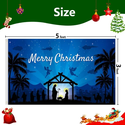 Miniatura 7 de Bandera de Navidad de 3 x 5 pies, doble impresa, nacimiento religioso de Jesús, Natividad Santa Noche Santa Feliz Navidad, telón de fondo colgante