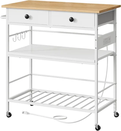 Miniatura 11 de HOOBRO Isla de cocina con almacenamiento, carrito de isla rodante para cocina con 2 cajones y tomacorriente, estación de café de 3 niveles y soporte