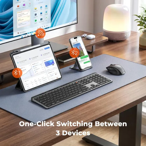 Miniatura 2 de MEETION Nuevo teclado y mouse inalámbricos Bluetooth, doble Bluetooth y USB recargable de tamaño completo con 4 DPI mouse ergonómico