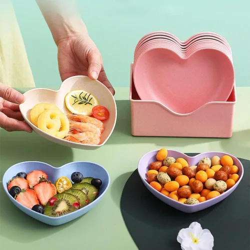 Miniatura 6 de Juego de 10 platos llanos en forma de corazón, platos de 6 pulgadas, bandeja de frutas, cuencos de aperitivos sin BPA (rosa)