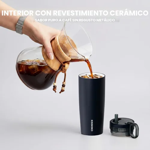 Miniatura 5 de KISSKIND Vaso de café helado con popote oculto, taza de café helado reutilizable de 20 onzas, taza de viaje con forro de cerámica que cabe en bolsas
