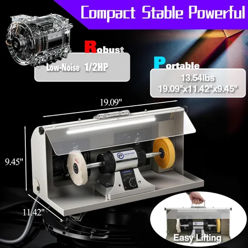 Miniatura 2 de Pulidor de joyas - Bufadora de banco ajustable de velocidad variable, máquina pulidora y de búfer, búfer dental y torno - Con campana colectora