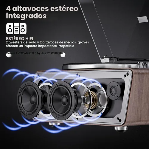 Miniatura 6 de Tocadiscos de vinilo todo en uno, tocadiscos Bluetooth integrado con 4 altavoces estéreo, preamplificador de teléfono, tocadiscos de alta fidelidad