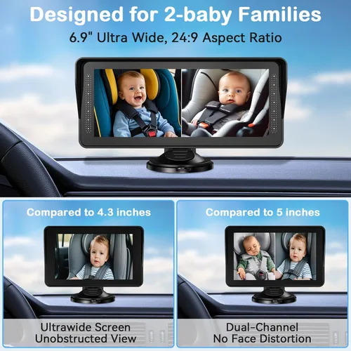 Miniatura 2 de Cámara dual de coche para bebé para 2 niños, pantalla dividida de 6.9 pulgadas, pantalla ultra ancha HD con dos cámaras, fácil configuración
