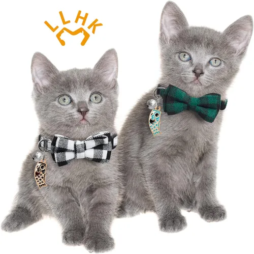 Miniatura 6 de LLHK Paquete de 4 collares de gato pequeños con pajarita y campana, collar personalizado para gatito para niñas y niños, ajustable de 7 a 12