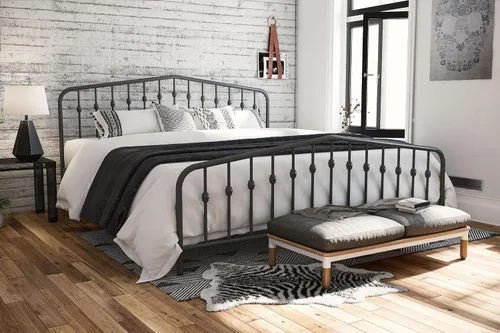 Miniatura 12 de Novogratz Bushwick - Marco de cama Queen de metal con cabecera ligeramente triangular, husillos insertados, base ajustable para almacenamiento,