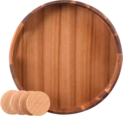 Bandeja redonda grande de madera, bandejas de madera con asas para mesa otomana, bandeja de acacia vintage para organización y decoración en