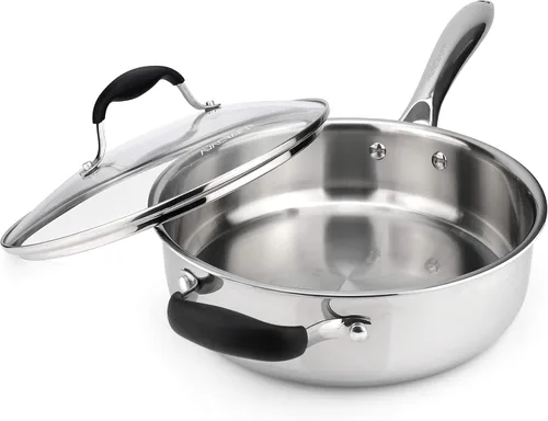 AVACRAFT Sartén de acero inoxidable de tres capas 18/10 con tapa, mango auxiliar, inducción y estufa, sartén versátil de acero inoxidable,
