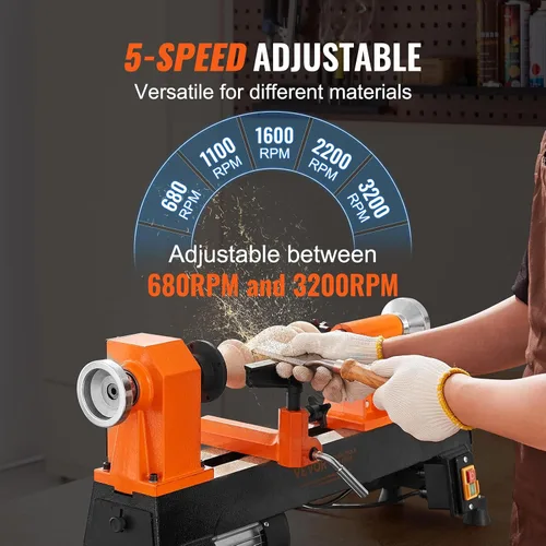 Miniatura 4 de VEVOR Torno de Madera de Sobremesa, 10 pulgadas x 18 pulgadas, 0.5 HP 370W Máquina de Torno para Madera, 5 Velocidades Variables