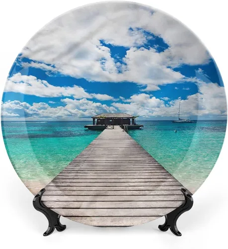 Miniatura 12 de XISUNYA Plato decorativo de porcelana de 6 pulgadas, plato de porcelana oceánica, superficie ondulada con fondo de grava, estampado de paisaje Azul