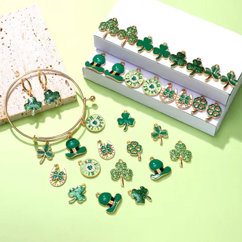 Miniatura 6 de 40/80 dijes de trébol del día de San Patricio para hacer joyas, diamantes de imitación esmaltados con sombrero verde y hojas colgantes