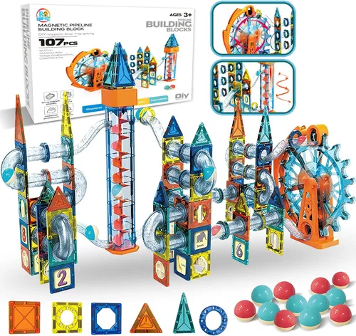 Juego de carreras de mármol motorizado, 107 piezas de juguete magnético de construcción de azulejos con rueda de fortuna y elevador, música y luces