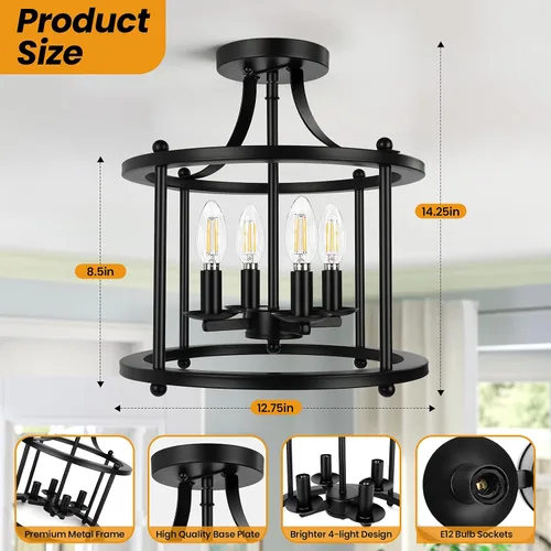 Miniatura 5 de Lámpara de techo semiempotrada de granja, lámpara de techo industrial de 4 luces con base E12 de metal rústico vintage para cocina, comedor