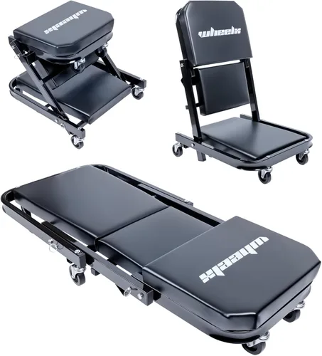 Enredadera mecánica 40 pulgadas 3-en-1 con asiento en Z, capacidad de 480 libras, silla de taller plegable y ajustable con ruedas rodantes de 6
