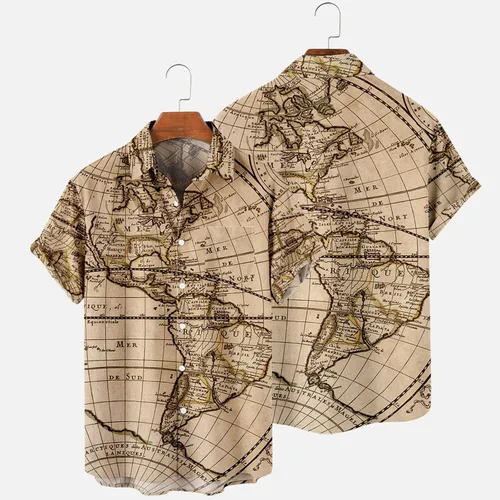 Miniatura 2 de Camisa hawaiana para hombre, casual, con botones, manga corta, unisex, para playa, a la moda, con estampado de mapa del mundo, tops de verano