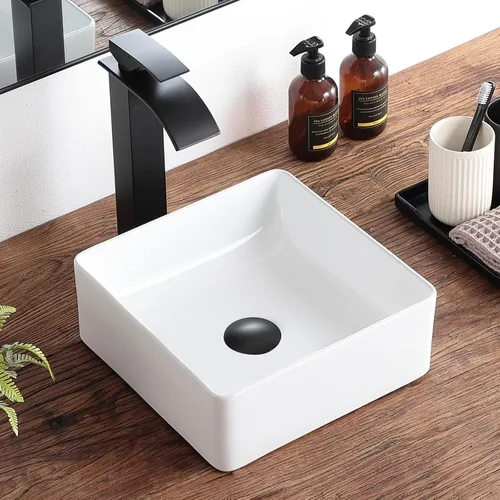 Lavabo pequeño para baño tipo vasija 11.8"x11.8" pulgadas cuadrado, lavabo de baño de cerámica blanca, lavabos de baño modernos sobre encimera,