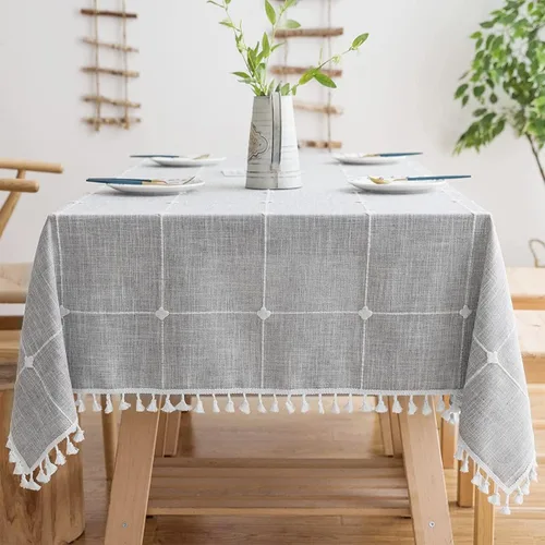 Miniatura 14 de Colorigan Mantel rectangular de lino de algodón con diseño boho, mantel de mesa de granja, mantel oblongo, sin arrugas, para interiores y Lino Crema