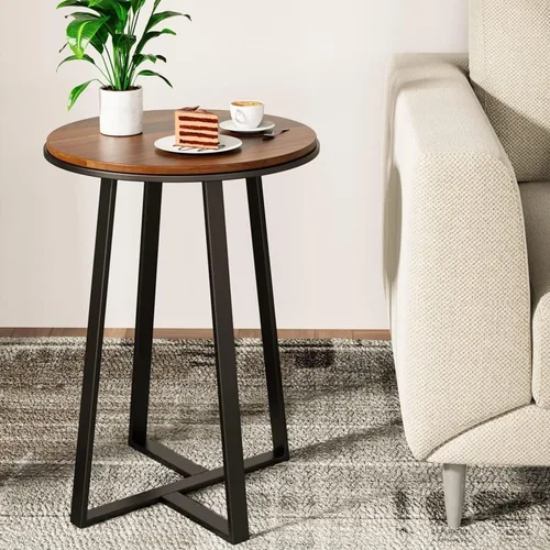 Miniatura 8 de Mesa auxiliar redonda Dorriss, mesa lateral pequeña de color gris con tapa de MDF, estructura metálica negra, mesa auxiliar alta para dormitorio