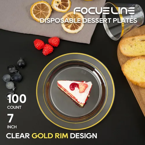 Miniatura 2 de FOCUSLINE Platos pequeños de plástico transparente dorado de 7 pulgadas, 100 unidades, platos transparentes desechables resistentes con borde Platos